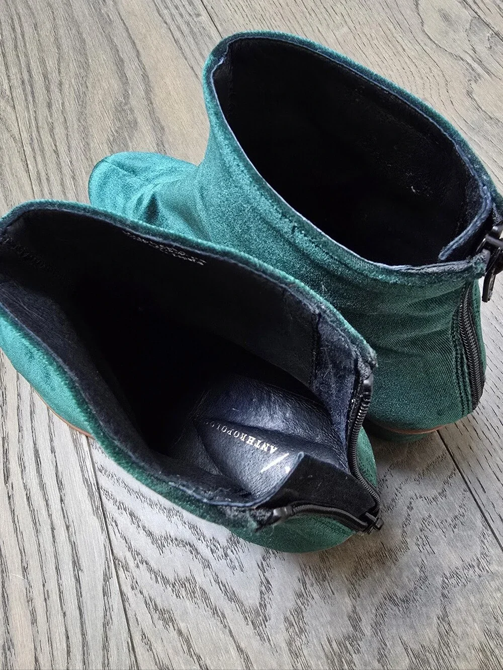 Anthropologie Samara Velvet Block Heel Ankle Boots in Emerald Green